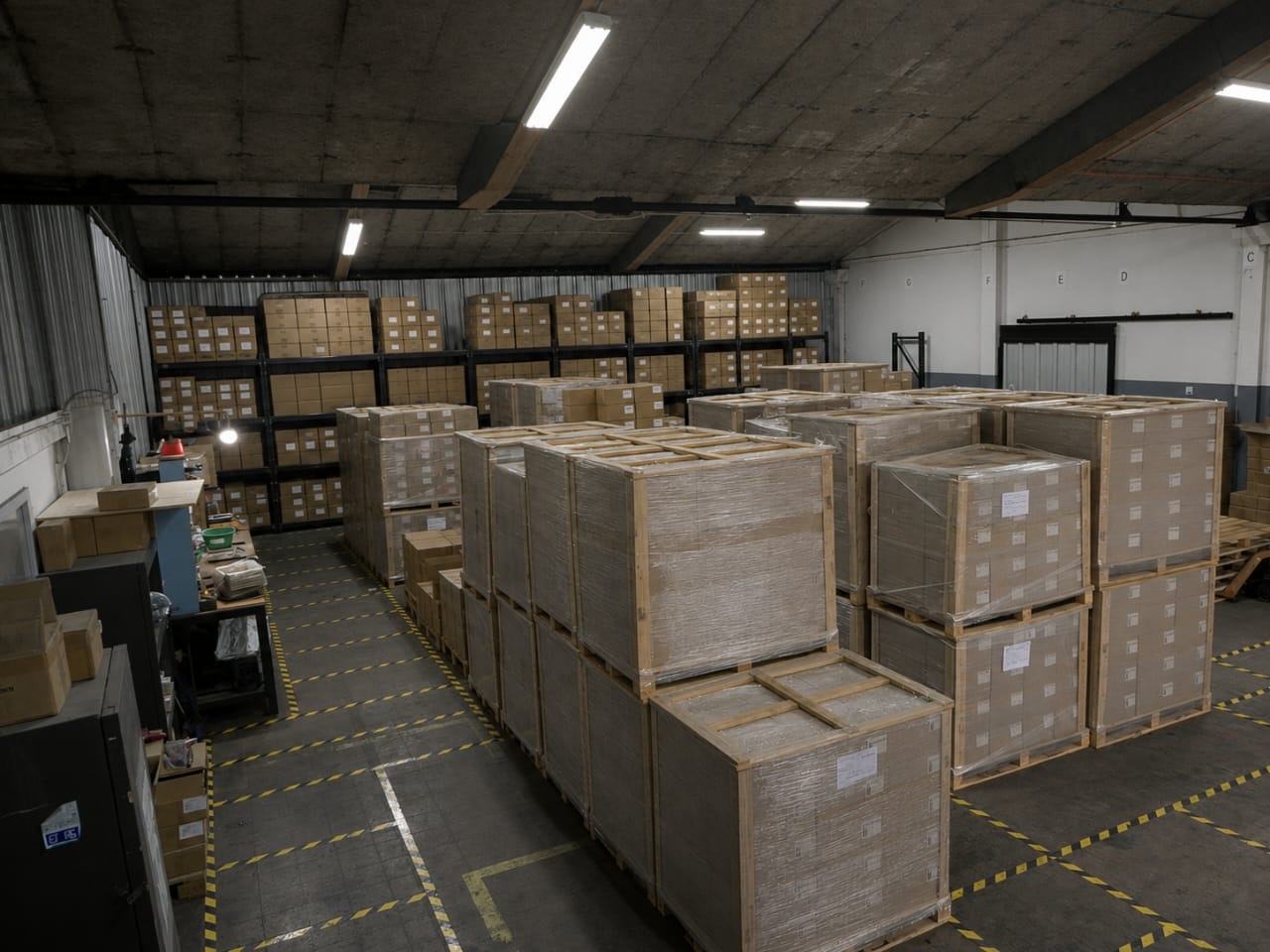 Bodega de Fijaciones Procret con pallets de productos